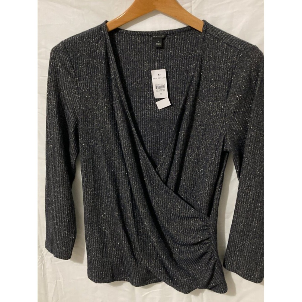 NWT Ann Taylor Wrap Top Women M Charcoal Metallic Black Festive Core Stretch